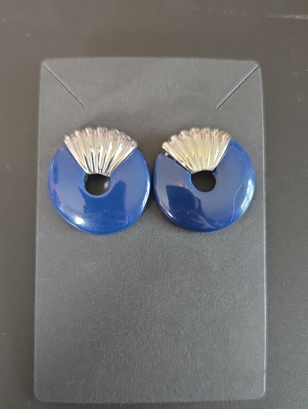 Silver Tone and Navy Blue Round Earrings